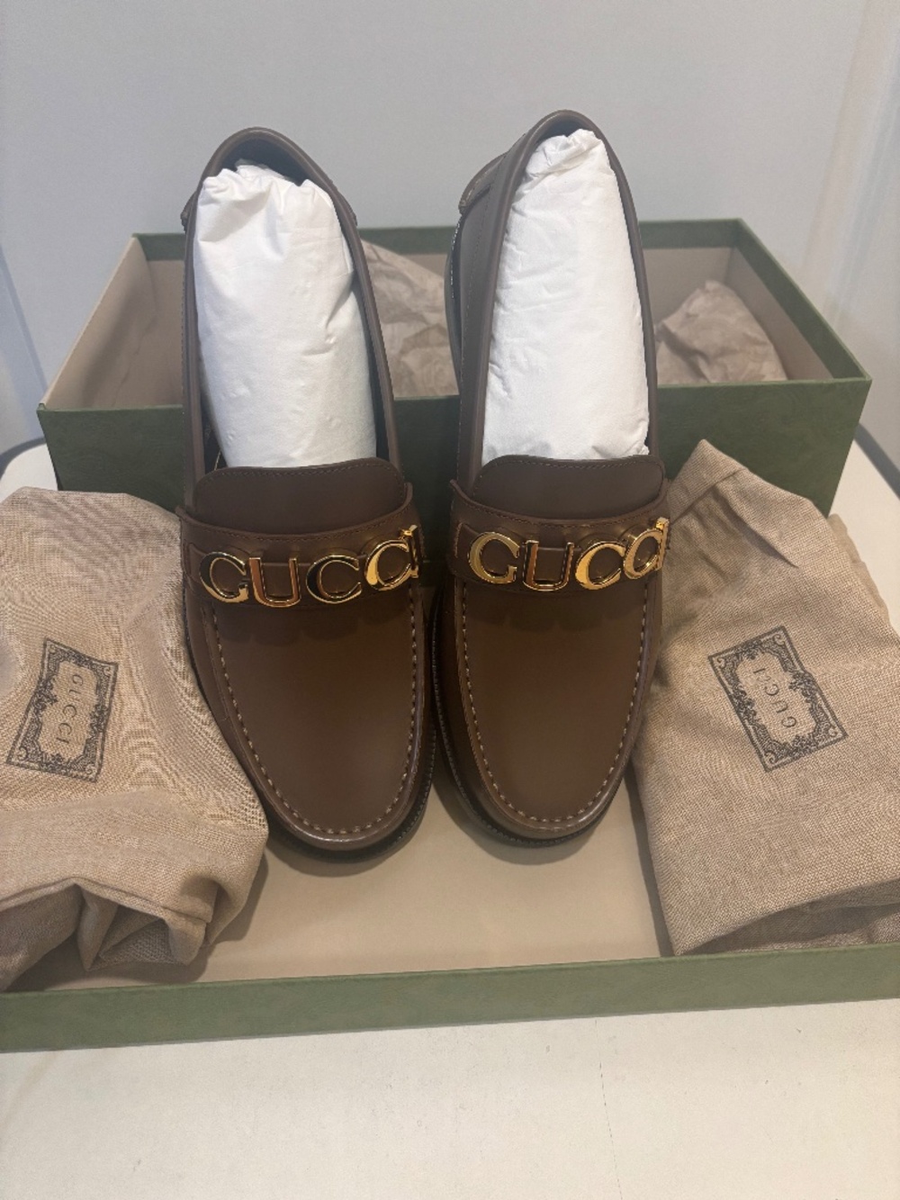 Gucci Signature Letters Logo Leather Loafers Brown Size  US 7